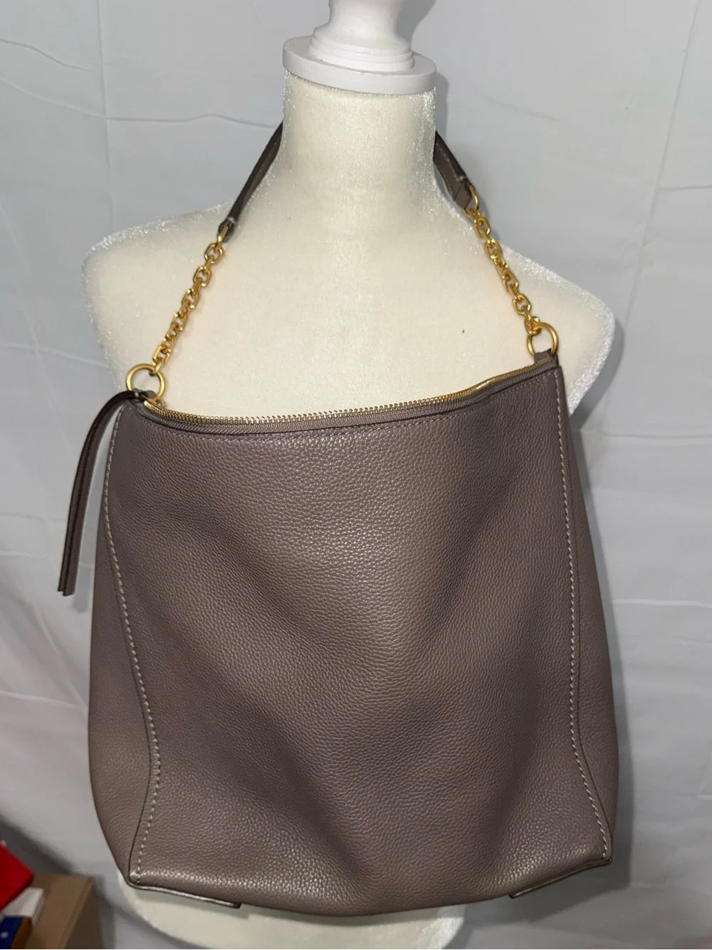 Tory Burch Taupe Leather Hobo with Gold Chain Strap